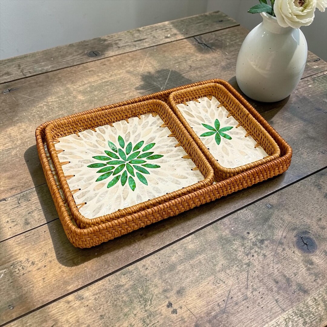 Set of 3 Rattan Trays With Capiz Shell Inlay, Handmade Green Floral ...