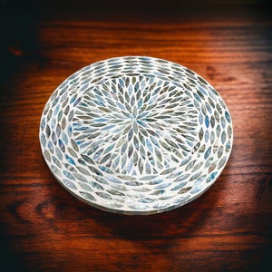 May include: A round, white coaster with a blue and white mosaic design. The coaster is made of mother of pearl and has a circular pattern.