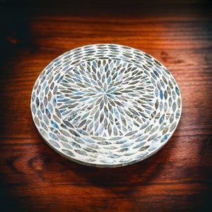 16'' Lazy Susan Turntable Organizer Low Profile, Mother of Pearl Ocean Blue pattern, Round Spinning Tray For Dining Table or Counter Top image 1