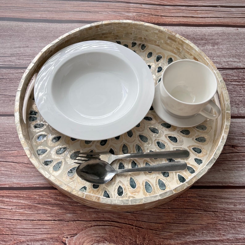 Round Breakfast tray, Mother of Pearl Serving Tray Peacock Tail, Coffee table tray, Decorative tray, Tea tray, Cocktail tray, Bracelet Tray image 8