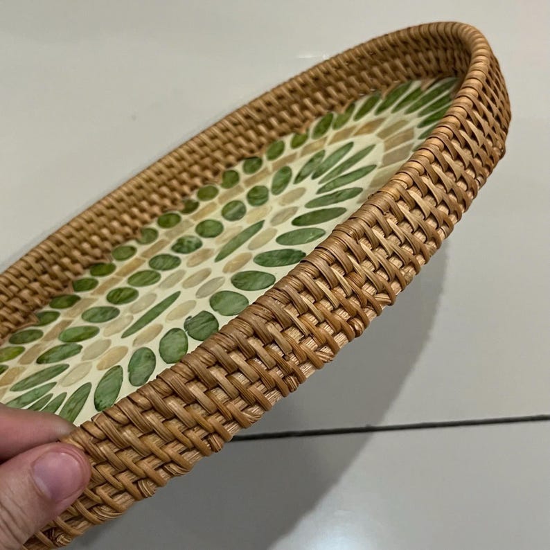 Set of 3 Oval Rattan Trays, Capiz Shell Inlay Trays, Boho Coastal ...
