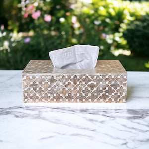 Funda para caja de pañuelos de concha de capiz color beige: Soporte decorativo hecho a mano para pañuelos, ideal para la decoración del baño o la sala de estar.