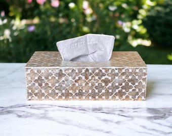 Beige Capiz Shell Tissue Box Cover: Handmade Decorative Tissue Holder for Bathroom or Living Room Décor