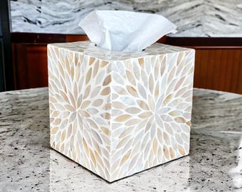 White floral square tissue box holder, mother of pearl inlay cubic tissue box, luxurious tissue box cover, decoration cube nacre tissue box
