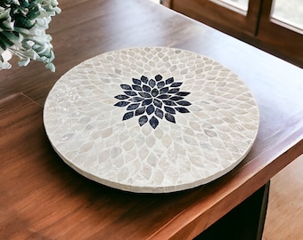 16'' Lazy Susan Turntable Organizer Low Profile, White Capiz Shell inlay Black Flower, Round Spinning Tray For Dining Table Counter Top