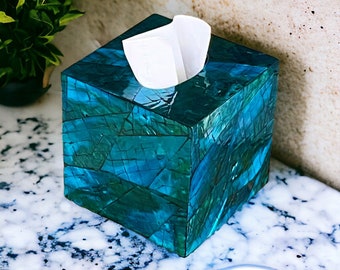 Square tissue box holder, mother of pearl inlay tissue box, luxurious tissue box cover, nacre tissue box, ocean blue mosaic shell tissue box