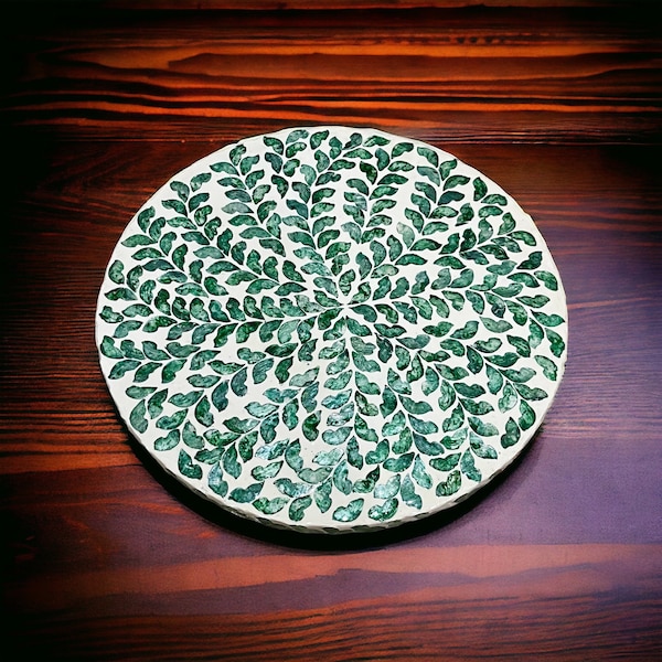 16'' Lazy Susan Turntable Organizer Low Profile, Green Capiz Shell inlay Vines pattern, Round Spinning Tray For Dining Table or Counter Top