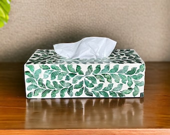 Mother pearl tissue box green leaves, rectangle tissue box holder, luxurious nacre tissue box cover, napkin case holder, beach coastal decor