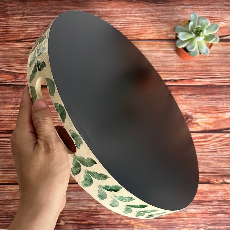 Mother pearl inlay round tray with green leaves pattern, nacre serving tray, coffee table breakfast tray, decorative tray, housewarming gift image 6