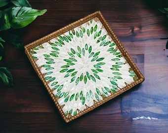 Handmade Rattan Serving Tray with Capiz Shell inlay Green Firework pattern, Square Coffee Tea Cocktail Decorative tray with handles