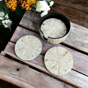 Sunshine Mother Pearl Inlay Round Coasters Set with Holder, 6 Coasters for Elegant Table Protection, Table Accessories Ecofriendly Drinkware