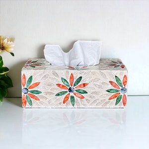 Mother pearl tissue holder colorful flowers, rectangle tissue box holder, luxurious tissue box cover, nacre tissue box, napkin case holder