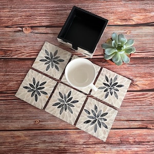 Stunning Mother of Pearl Inlay Square Coasters Set with Holder - 6 Coasters for Elegant Table Protection and Decor, Table Accessories Gift 2