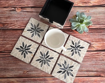 Stunning Mother of Pearl Inlay Square Coasters Set with Holder - 6 Coasters for Elegant Table Protection and Decor, Table Accessories Gift 2