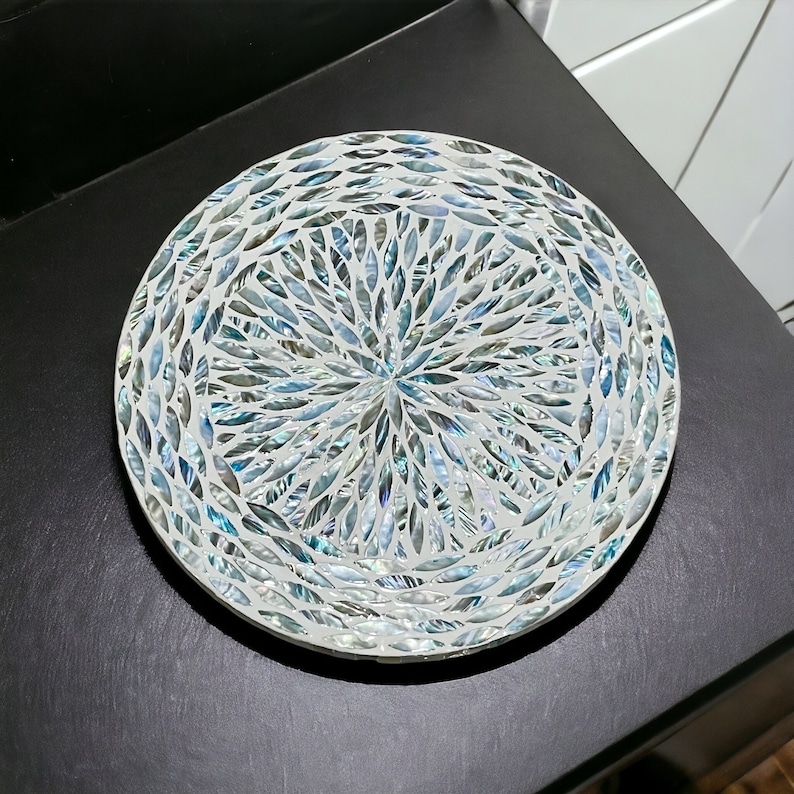 16'' Lazy Susan Turntable Organizer Low Profile, Mother of Pearl Ocean Blue pattern, Round Spinning Tray For Dining Table or Counter Top image 4