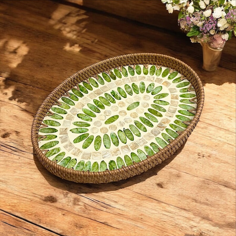Set of 3 Oval Rattan Trays, Capiz Shell Inlay Trays, Boho Coastal ...