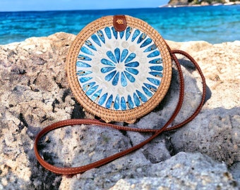 Beautiful Round Rattan Crossbody Bag with Inlaid Mother of Pearl 8" Diameter Round Straw Purse - Handwoven Shoulder purse - Bohemian Bag