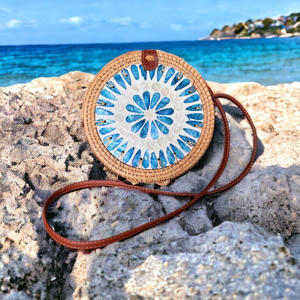 Beautiful Round Rattan Crossbody Bag with Inlaid Mother of Pearl 8" Diameter Round Straw Purse - Handwoven Shoulder purse - Bohemian Bag