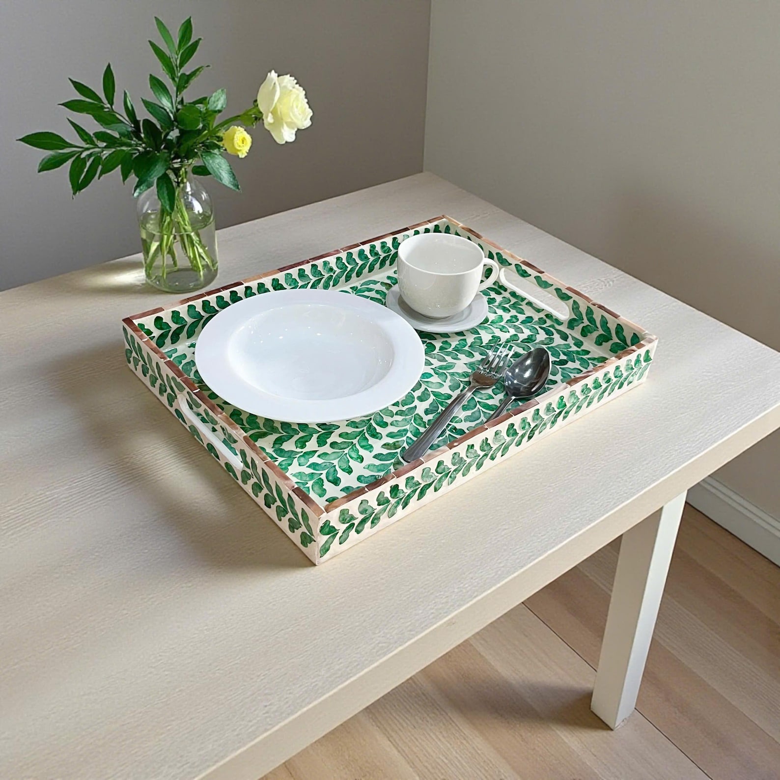 Green Mother of Pearl Serving Tray: Handmade Capiz Tea Tray - M15.7x11.8in/40x30cm