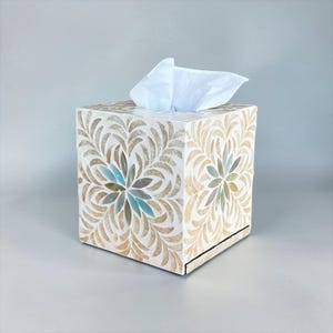 Aqua Floral Mother of Pearl Tissue Box Cover Square Cube Tissue Holder Gold Leaf Inlay Luxury Bathroom Decor Vanity Top Housewarming Gift image 7