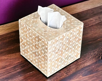 Square tissue box holder, capiz shell inlay tissue box beige color, luxurious tissue box cover, nacre tissue box, napkin case holder