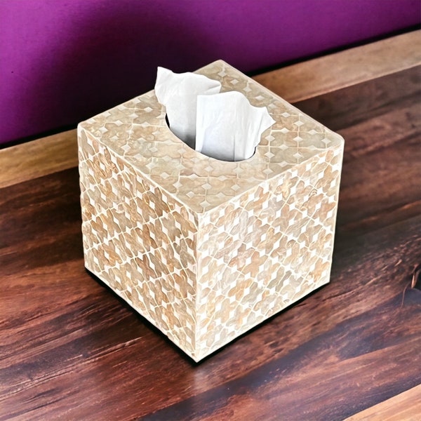 Square tissue box holder, mother of pearl inlay tissue box beige color, luxurious tissue box cover, nacre tissue box, napkin case holder