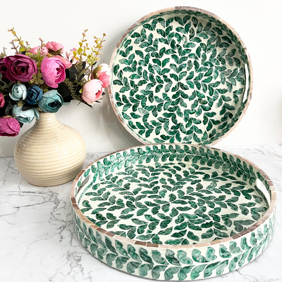 Mother Pearl Inlay Tray, Round Breakfast Tray, Green Nacre Serving Tray, Coffee Table Tray, Decorative Tray, Housewarming Gift, Gift for Mom - Etsy