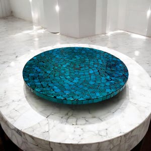 16'' Lazy Susan laag profiel, blauw groenblauw zeemeerminpatroon, ingelegd met parelmoer, rond draaiplateau voor eettafel of aanrechtblad