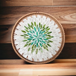 Green Mandala 2 colors Round Handmade Rattan Mother Pearl Serving Tray, Coffee table Tea tray, Decorative tray, Cocktail tray, Bracelet Tray