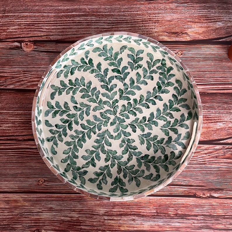 Mother pearl inlay round tray with green leaves pattern, nacre serving tray, coffee table breakfast tray, decorative tray, housewarming gift image 3