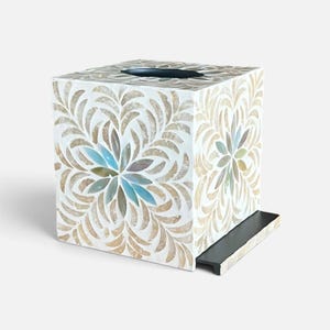 Aqua Floral Mother of Pearl Tissue Box Cover Square Cube Tissue Holder Gold Leaf Inlay Luxury Bathroom Decor Vanity Top Housewarming Gift image 4
