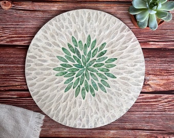 Set 2 Mother of Pearl Inlay Placemat in White and Green, Nacre Wood Charger Plates for Dining, Party, Rustic Dinnerware Tableware Decoration