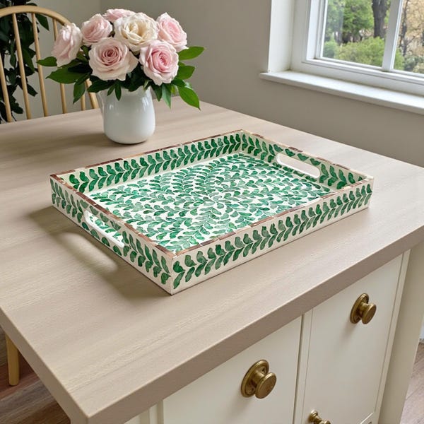 Green Mother of Pearl Serving Tray: Handmade Capiz Tea Tray