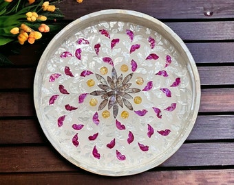 Pink & White Leaves Breakfast tray, Mother of Pearl Serving Tray, Coffee table tray, Round Decorative tray, Tea Cocktail tray, Bracelet Tray