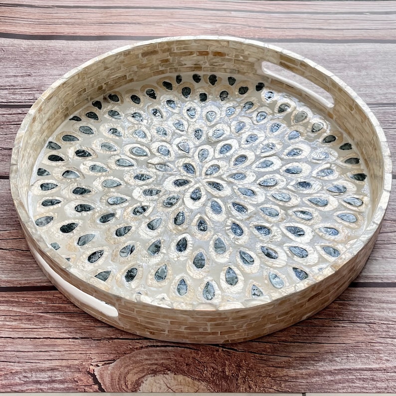 Round Breakfast tray, Mother of Pearl Serving Tray Peacock Tail, Coffee table tray, Decorative tray, Tea tray, Cocktail tray, Bracelet Tray image 3