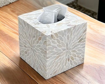 White floral square tissue box holder, mother of pearl inlay cubic tissue box, luxurious tissue box cover, decoration cube nacre tissue box