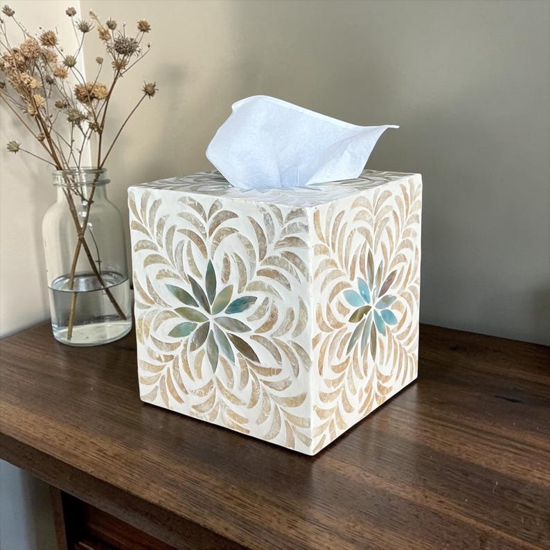 Aqua Floral Mother of Pearl Tissue Box Cover Square Cube Tissue Holder Gold Leaf Inlay Luxury Bathroom Decor Vanity Top Housewarming Gift image 2
