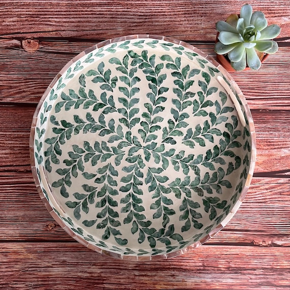 Round ottoman tray green leaf pattern, bathroom spa decor tray with handles, coastal home decor handmade tray, housewarming gift for women