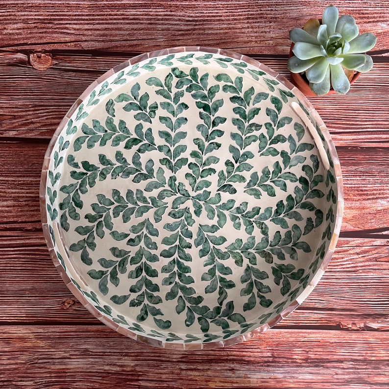 Mother pearl inlay round tray with green leaves pattern, nacre serving tray, coffee table breakfast tray, decorative tray, housewarming gift image 1