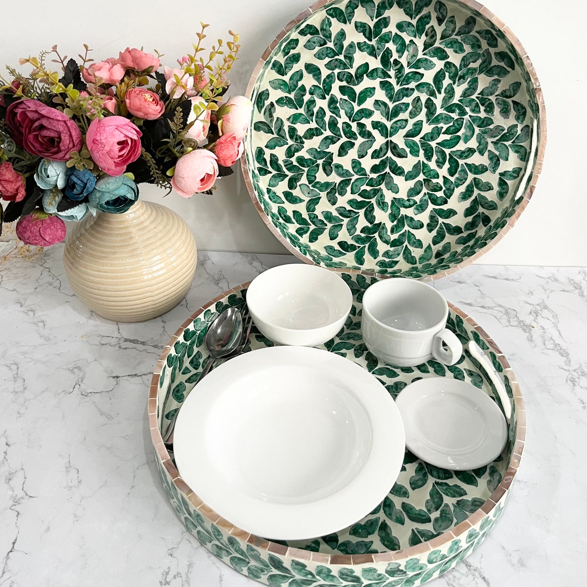Mother Pearl Inlay Tray, Round Breakfast Tray
