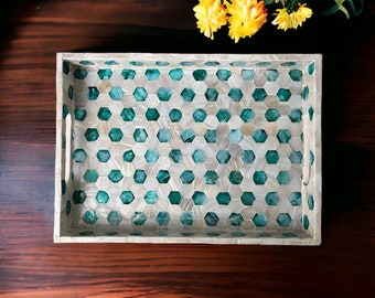 Breakfast tray, Mother Pearl Serving Tray, Coffee table tray, Decorative Tea tray, Cocktail tray, Bracelet Tray, Rectangle Honeycomb Tray