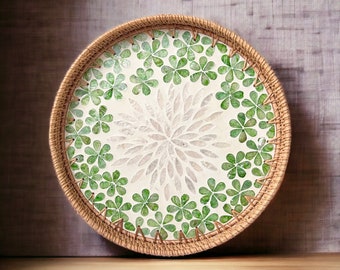 Spring Green Flower Round Handmade Rattan Mother Pearl Serving Tray, Coffee table Tea tray, Decorative tray, Cocktail tray, Bracelet Tray