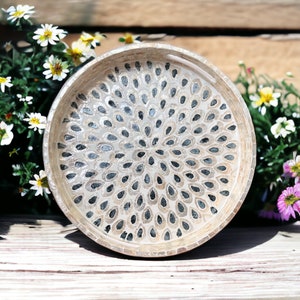 Round Breakfast tray, Mother of Pearl Serving Tray Peacock Tail, Coffee table tray, Decorative tray, Tea tray, Cocktail tray, Bracelet Tray image 9