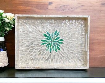 White and Green Capiz shell Mother Pearl Rectangular Serving Tray, Decorative Coffee Tea Cocktail tray, Trinket Jewelry Vanity Cosmetic Tray