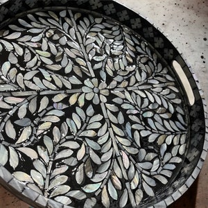 Round Breakfast tray, Mother of Pearl Black Floral Serving Tray, Coffee table tray, Decorative tray, Tea tray, Cocktail tray, Bracelet Tray image 3