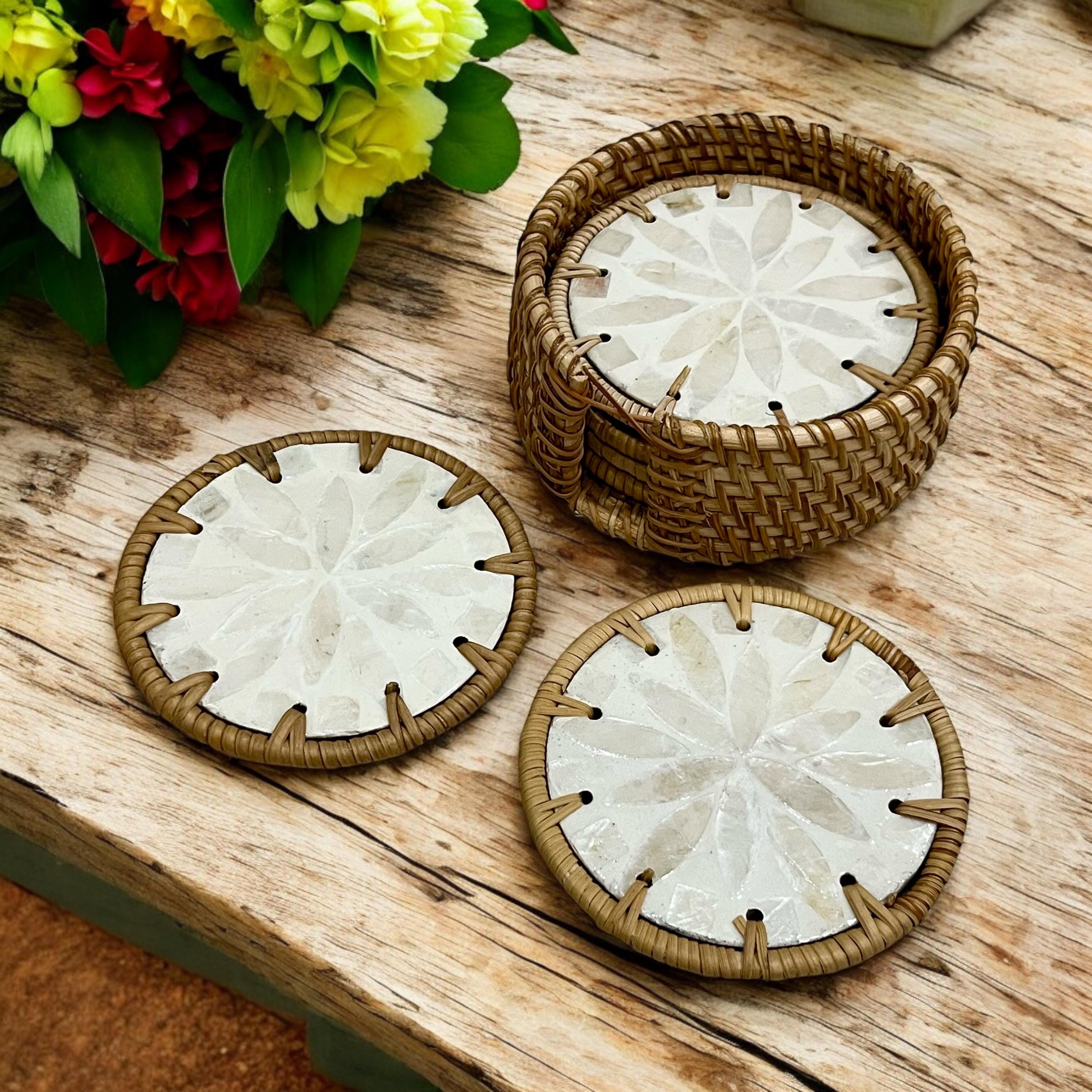 Round Coaster Capiz Shell Inlay Hand Woven Rattan, Coasters Set With ...