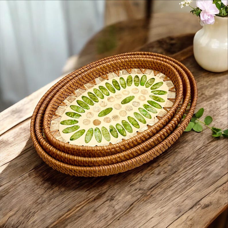 Set of 3 Oval Rattan Trays, Capiz Shell Inlay Trays, Boho Coastal ...