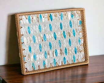 Rectangle Hand-woven Rattan and Mother Pearl Inlay Serving Tray, Coffee table tray, Decorative tray, Tea tray, Cocktail tray blue pattern