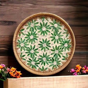 Spring Flower Round Handmade Rattan Mother Pearl Serving Tray, Coffee table tray, Decorative tray, Tea tray, Cocktail tray, Bracelet Tray