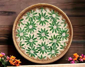 Spring Flower Round Handmade Rattan Mother Pearl Serving Tray, Coffee table tray, Decorative tray, Tea tray, Cocktail tray, Bracelet Tray